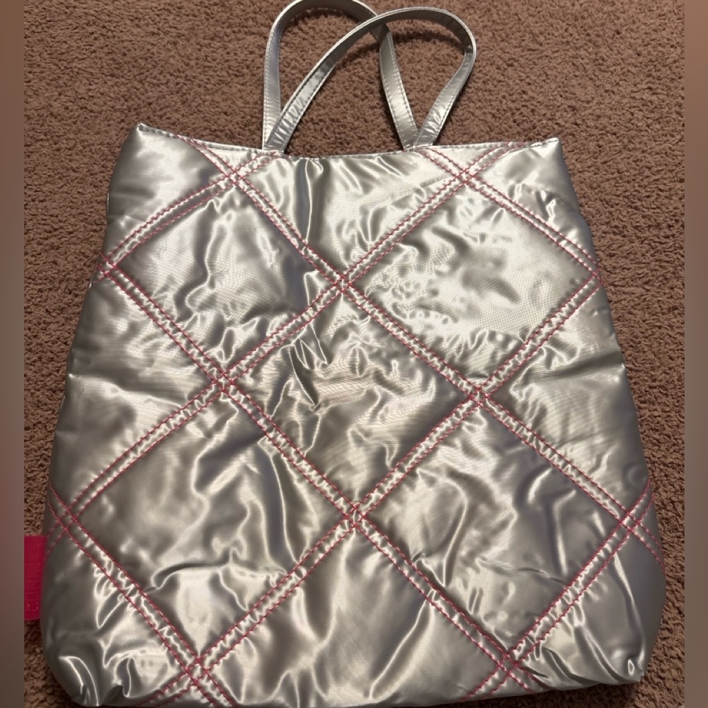 🔅5/$20 Clinique Silver Quilted Puffer Tote Bag Pink Stitching Bag Y2K Style